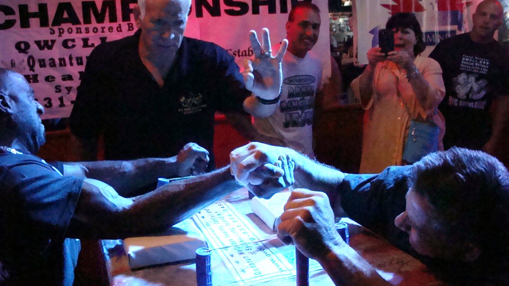 60-Year Old Gary Gallo Sr. (Right) from E. Pachogue, LI beat all the winners in every weight class including middle weight Champion Juan Zapala from the Bronx. Gallo won the day's Queens Strongest Arm MVP Award at the 37th Annual 'Queensboro' Arm Wrestling Championships held at Cheap Shots Sports Bar in Flushing, Queens. Gallo will be heading the Empire State Finale in November. 