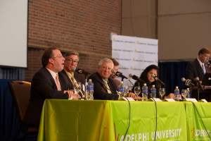Nassau County’s Health Commissioner Dr. Lawrence Eisenstein addressed the audience in a Q&A at the Adelphi University Center for Health Innovation Panel, Ebola and Beyond.