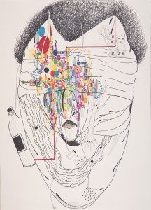 Luis Cruz Azaceta (American, born in Cuba, 1942) N.O. HEAD (Post Katrina), 2008 Permanent ink and Band-Aid on paper, 50 x 37.5 in. Hofstra University Museum Collections, Gift of Sharon Jacques 