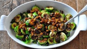 Crispy Brussels Sprouts with Crushed Toasted Walnuts and Golden Raisins