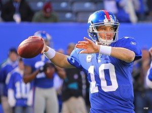 Eli Manning warming-up during pre-game exercises.