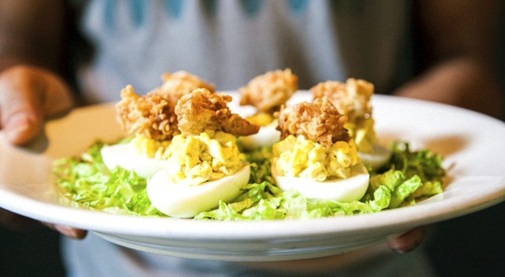 Deviled eggs with fried oysters