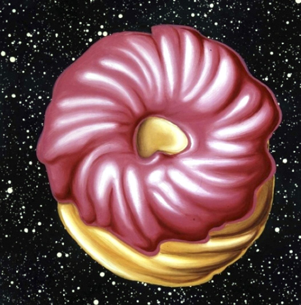 Pink Frosted Cruller in Outer Space, 2010. Oil on linen. 24 x 24 inches. Private Collection. By Kenny Scharf