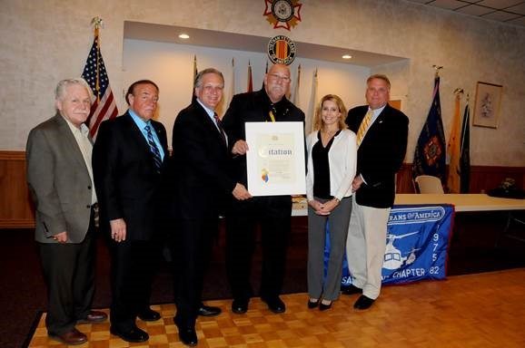 Director of Nassau County Veterans Service Agency Ralph Esposito, Incoming President of Chapter 82 Nassau County Vietnam Veterans of America Steve Bonom, County Executive Ed Mangano; Outgoing President Joe Ingino, County Legislator Laura Schaefer and Oyster Bay Town Councilman Anthony Macagnone 