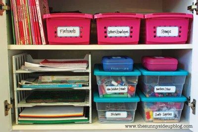 Organize school supplies so kids can have access to them all summer. (Photo by The Sunny Side Up Blog)