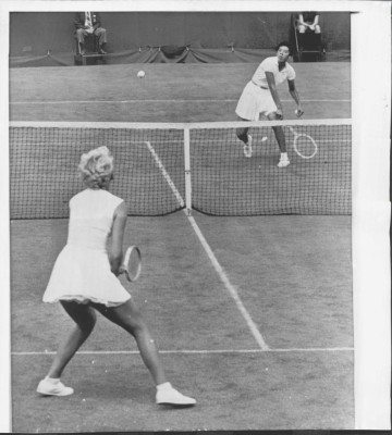 Althea Gibson playing Karol Fageros at Forest Hills Tennis Stadium in 1957
