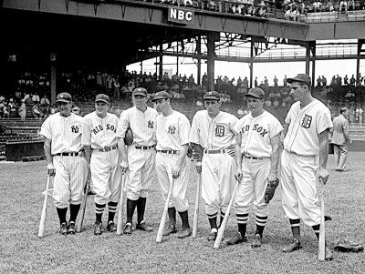 Hall of Famers at the 1937 game. From left: Lou Gehrig, Joe Cronin, Bill Dickey, Joe DiMaggio, Charlie Gehringer, Jimmie Foxx and Hank Greenberg.