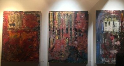 Some of Rich Robinson's artwork on display at Soho's Morrison Hotel Gallery