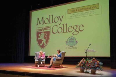 Allison Haunss, executive producer/host of the Working Woman Report interviewing Esther Fortunoff-Greene, owner and president of Fortunoff Fine Jewelry during “The Conversation” event at Molloy College. 