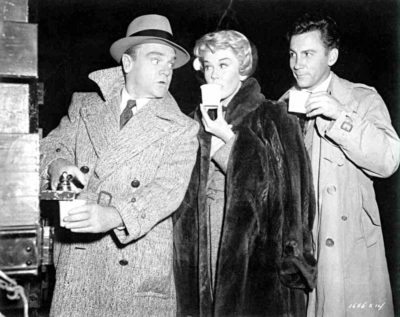 James Cagney (far left) behind-the-scenes of 1955’s Love Me Or Leave Me with co-stars Doris Day and Cameron Mitchell (Photo courtesy of Turner Classic Movies)