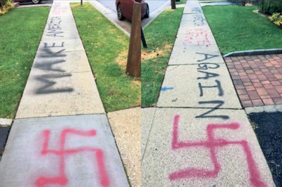 In another recent incident, someone spray painted swastikas and epithets on Mineola sidewalks.