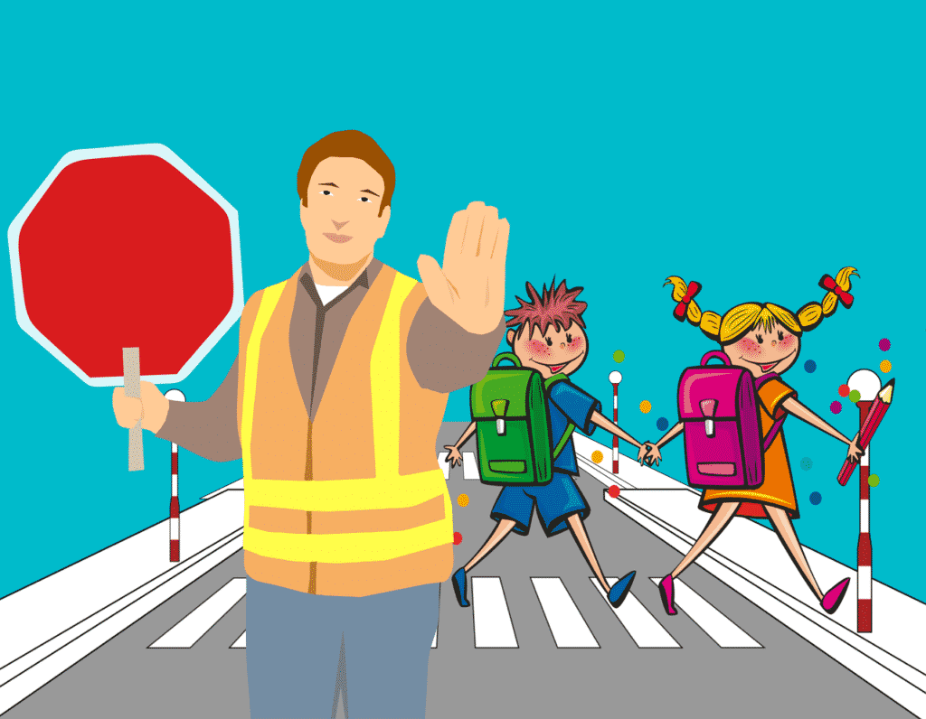 cartoon crossing guard and children
