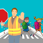 cartoon crossing guard and children